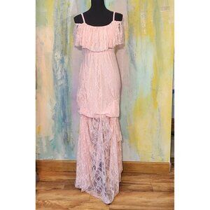 Costume Pink MAXI DRESS Soft Lace Tiered Long Feminine Festival Ruffle XL Extra